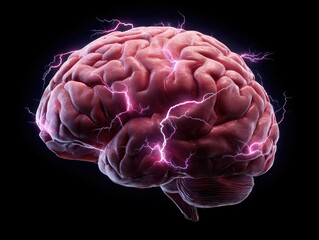 A realistic human brain illuminated by glowing purple lightning against a black background