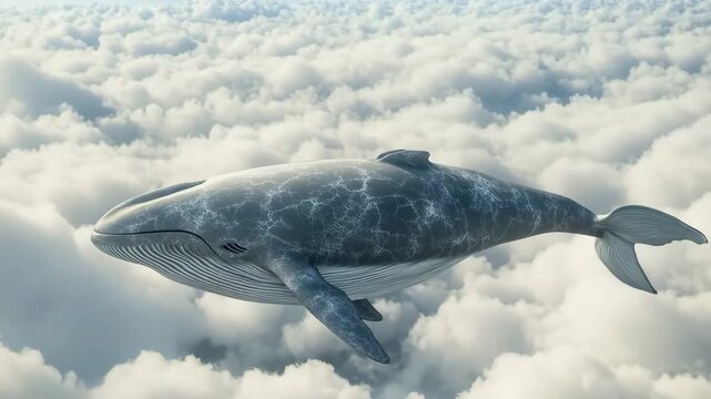 Majestic flying whale glides effortlessly among fluffy white clouds in a breathtaking sky