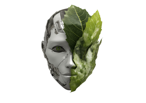 Modern android face featuring unique design that combines metallic elements with leaf pattern, symbolizing fusion of technology and nature. This striking image evokes sense of innovation