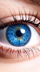 Close-up of a vibrant blue eye.  Detailed view of the iris, pupil, and lashes