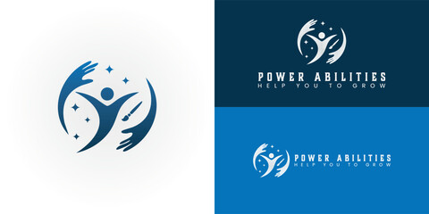 A dynamic circle featuring an empowered individual with open arms, framed by supportive hands. Stars symbolize potential, and a paintbrush represents creativity and vocational skills.