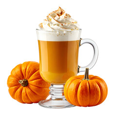 A glass of pumpkin spice beverage with whipped cream, next to two small pumpkins