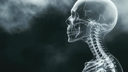 X-ray of human skeleton in profile with smoky background