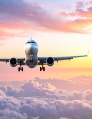 Airplane descending through pastel clouds at sunset