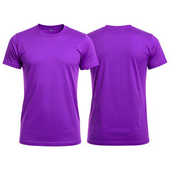 Front and back view of a plain, vivid purple short-sleeved crewneck t-shirt