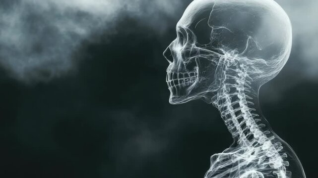 X-ray of human skeleton in profile with smoky background
