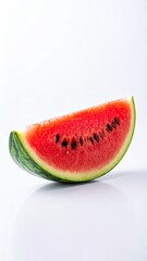 Close-up of a watermelon wedge.  Red flesh, dark seeds, and green rind visible.  Simple, studio shot against white background