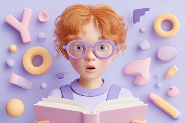 Curious child with glasses reads a book, surrounded by floating 3D shapes