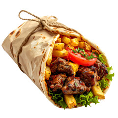 A wrapped savory meal, filled with meat, potatoes, tomato, and greens. Tied with string