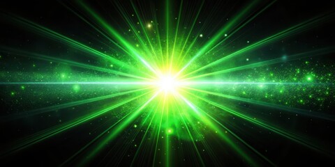 A single green light source casting a vibrant glow on a black background, surrounded by lens flare effects, with blurred edges and deep shadows created, Green light, Light source