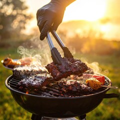 Hand in black glove using tongs to turn BBQ ribs over hot coals