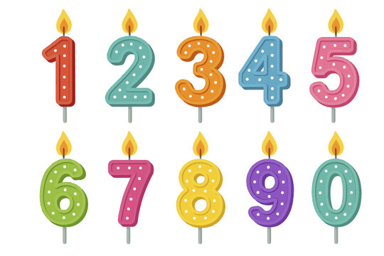 Colorful number candles with flames from 0 to 9 on white background