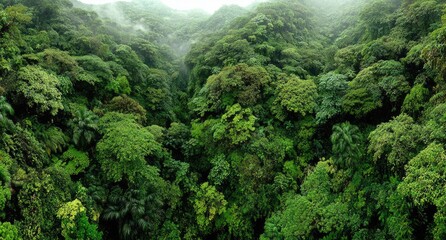 Dense, vibrant green canopy of a lush forest landscape, bathed in soft light