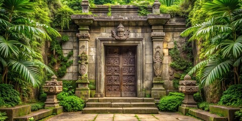Ancient temple entrance with large stone door , architecture, foliage,  architecture, foliage, relic, doorway, worn