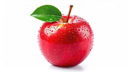 Single red apple with water droplets and leaf