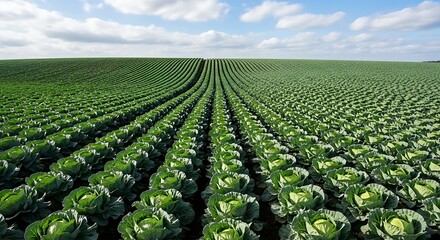 Expansive Rows of Fresh Green Cabbage Cultivated in a Sunny Agricultural Field Under a Blue Sky