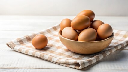 A bowl of brown eggs with a white background and a simple tablecloth, eggs on table