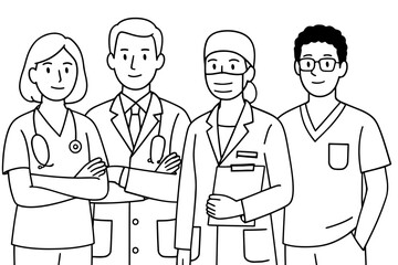 Diverse medical team in professional attire including male and female doctors and nurses
