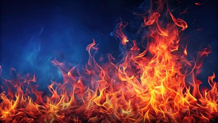 Fototapeta premium Blazing red flames on dark blue background with intense heat effects, dynamic, passion, dynamic, passion, warm, explosive , flames