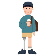 Cartoon man with prosthetic leg. Vector illustration of a confident man with a prosthetic leg. Perfect for representing disability inclusion, diversity, sports, and physical therapy. 