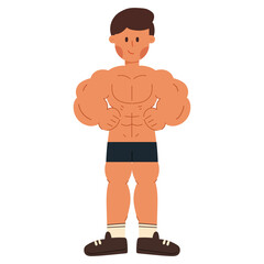 Fototapeta premium Flat cartoon vector illustration of a man bodybuilding. Cartoon illustration of a man bodybuilding and lifting weights. Fitness and workout concept in minimal flat design, perfect for health, gym, 