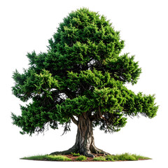 Majestic, full-leafed evergreen tree with a thick, textured trunk. Set against a transparent backdrop
