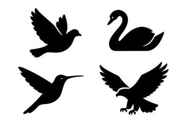 Bird silhouettes: dove, swan, hummingbird, eagle silhouettes in flight