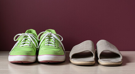 Pair of walking shoes and slippers side by side on light floor for National Family Caregivers Month  