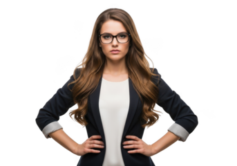 Confident businesswoman wearing glasses and black blazer posing with hands on hips isolated on transparent background