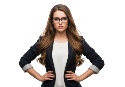 Confident businesswoman wearing glasses and black blazer posing with hands on hips isolated on transparent background