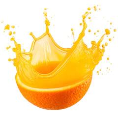 Vivid image of an orange half with juice erupting upwards, showcasing a splash effect