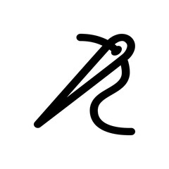Illustration of a sewing needle with thread going through the eye of the needle in a simple black outline