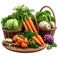 Assortment of colorful, fresh produce displayed in woven baskets and on a wooden surface