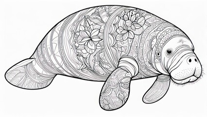 Intricate Manatee Illustration with Floral Patterns for Coloring Pages.