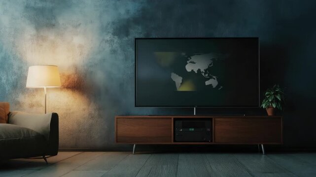 Modern living room with flat-screen TV, lamp, and couch