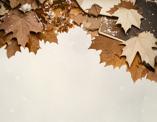 秋の終わりに散った枯葉と降る静かな雪