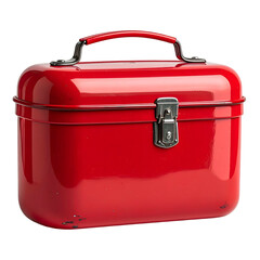 A vibrant red, rectangular, metal box with a handle and a clasp