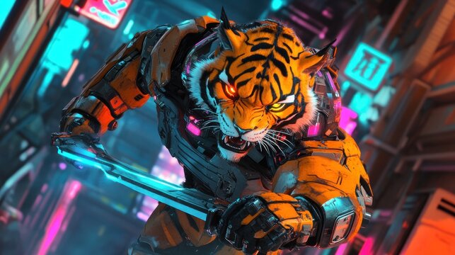 Cyberpunk tiger warrior with futuristic blade
