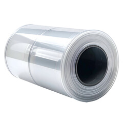 Cylindrical roll of clear, transparent plastic sheeting, tightly wound, with a dark interior