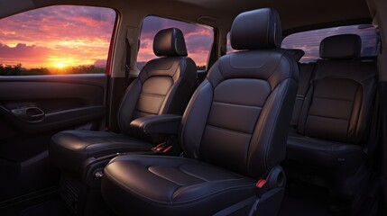 Stylish ergonomic seat with integrated massage features in medium shot focus promoting driver wellbeing during long trips while the rest of the vehicle interior softly fades out.