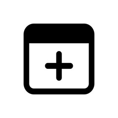 Black calendar icon with rounded corners and a plus sign in the center on a white background design element