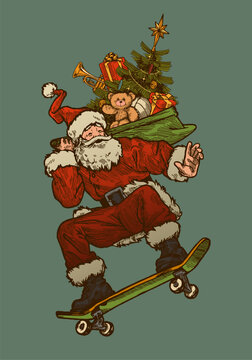Vintage Santa Claus riding skateboard with a sack of presents vector illustration