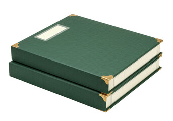 Isolated stack of two hardcover green books with gold corner protectors and label window, lying flat