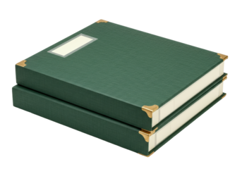 Isolated stack of two hardcover green books with gold corner protectors and label window, lying flat