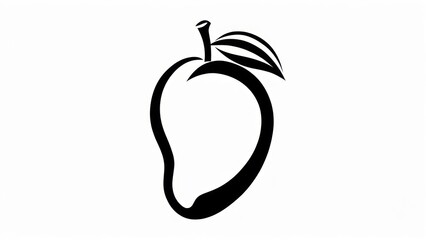 Black and white stylized mango illustration with leaf, stem, and clean lines