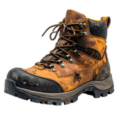 Heavily worn brown and orange hiking boot, isolated on a black background, showing detail