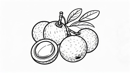 Detailed black and white illustration of longan fruit cluster, with leaves and one cut open