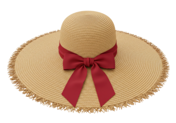 Isolated straw sunhat wide brim red ribbon bow summer fashion accessory headwear protection
