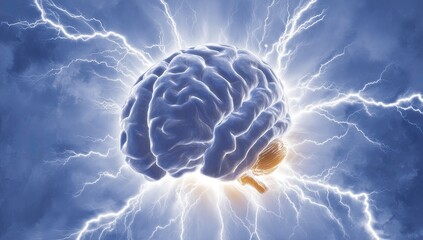 A glowing brain surrounded by electricity, emerging from a cloud-filled backdrop