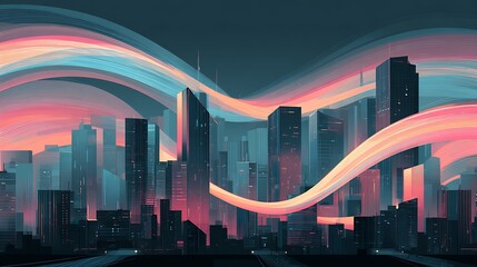 Futuristic city illustration with flowing data LIGHT STREAM CONNECTING skyscrapers